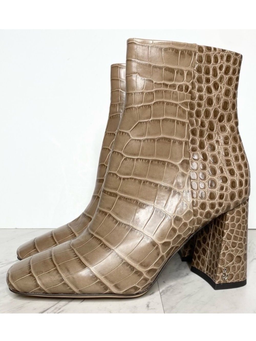 Sam Edelman Codie Tan Gray Crocodile Embossed Ankle Bootie 9 1/2
